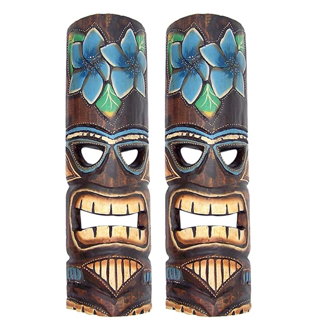 Hand Crafted Polynesian Hawaiian Floral Painted Tiki Masks, Wall Décor, Set of 2
