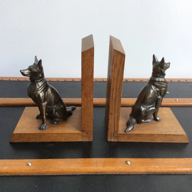 2 SERRE LIVRES CHIENS REGULE SUR PLAQUE MARBRE NOIR ART DECO Collection D Imgx1200 7412