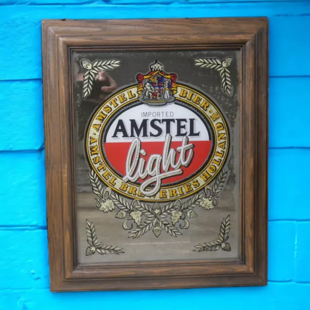 Vintage 1970's Amstel Light Beer Gold Foil Faux Wood Frame Bar Mirror