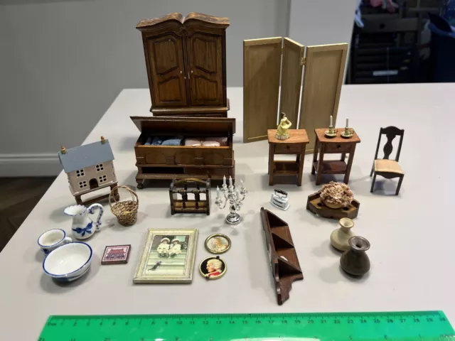Wooden dolls house furniture bundle, miniature, Wardrobe, Screen, Chest, Pots