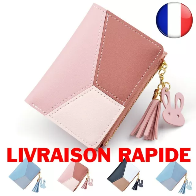 ✅ Porte monnaie Mode Femme Cuir Patchwork Mini Portefeuille Porte clé Lapin