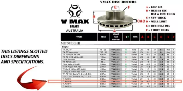 SLOTTED VMAXS fits MITSUBISHI Magna TJ AWD V6 03 Onwards REAR Disc Brake Rotors 2