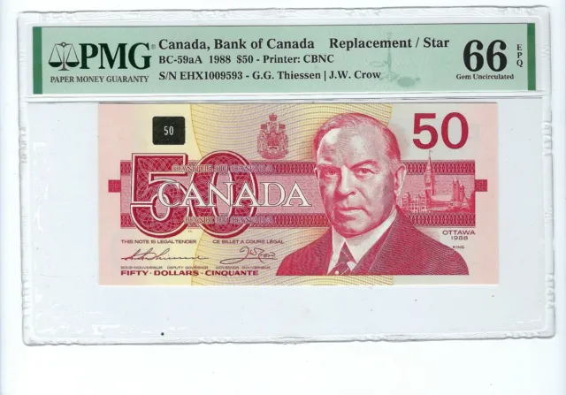 1988 Canada $50 BC-59aA S/N EHX 1009593 Better one of 2 Replacements PMG 66 EPQ