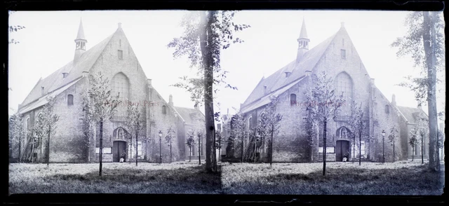 BELGIQUE Eglise à identifier c1930 Photo NEGATIVE Plaque Vintage Stereo n4