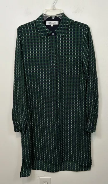 Diane Von Furstenberg Womens Shirt Dress Silk Green Blue Long Sleeves Size 8