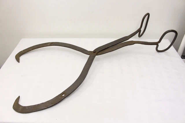 Vintage Antique Cast Iron 36" Blacksmith Hay Ice Meat Log Hooks Tongs Primitive