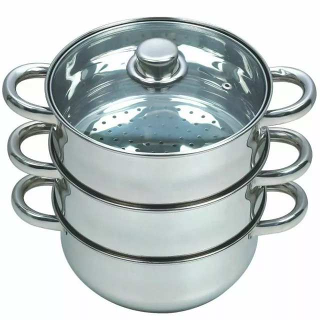 25Cm Stainless Steel 4Pc Steamer Cooker Pot Set Pan Cook Food Glass Lids 3 Tier