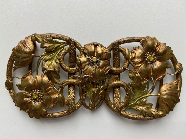 importante boucle ceinture ancienne en métal à décors de fleurs