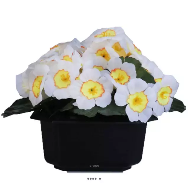 Composition fleurs artificielles cimetière pot carré primevères H17 cm D24 cm B