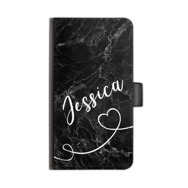 Nom Personnalisé PU Étui Cuir Téléphone Blanc Coeur Ligne Noir Marbre Rabattable