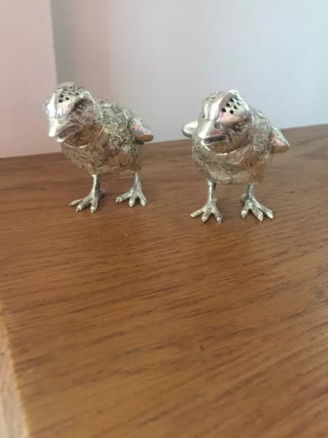 Antique Pair Of Novelty Sterling Silver Chick Pepper Shakers .800