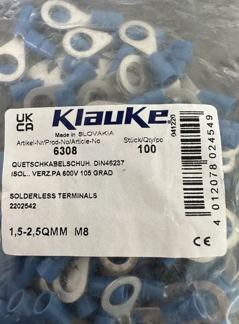 100x Klauke Quetschkabelschuh 1,5-2,5qmm Art.Nr. 6308-Neu-OVP
