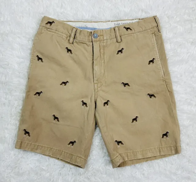 Polo Ralph Lauren Shorts Embroidered Beagle Hunting Dog Khaki Chinos Tan Size 32