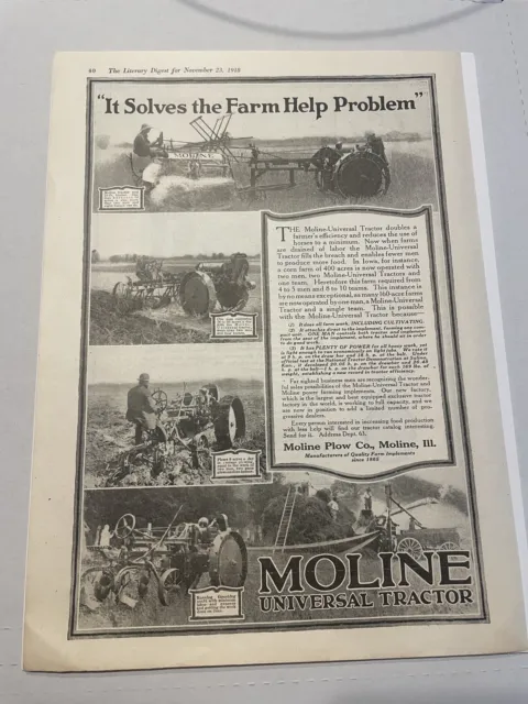 1918 Moline Plow Company Print Ad Universal Farm Tractor Cultivating Illinois 01