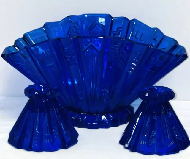 LE Smith WIGWAM COBALT BLUE CONSOLE BOWL w/ CANDLEHOLDERS SET