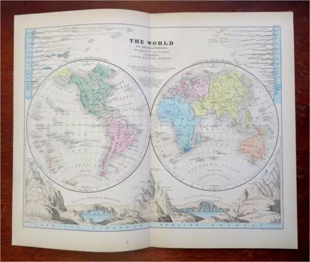 World Map in Double Hemispheres Mountains & Rivers of the World 1856 Boynton map