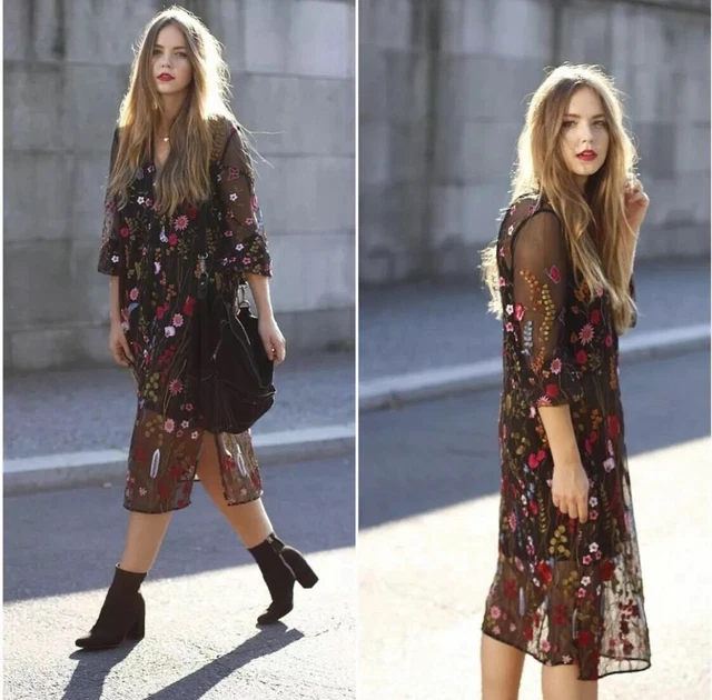 sachin and babi light blue dress Embroidered Midi Dress Zara Black Flowers main image 0