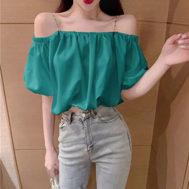 DONNA SPALLA SCOPERTA Corto Camicia Top con Bretelline Maglia Puff Manica Sexy EUR 29 39 PicClick IT