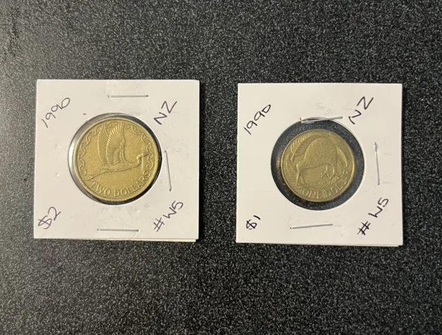 💙2 X 1990 New Zealand $1 & $2 Coins 💙Set Of 2 Coins Queen Elizabeth Ii #W5💙