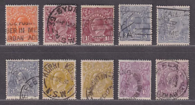 Australia Scott 66\74 F/VF Used 1926-1930 George V Small Mult Wmk 10 Different