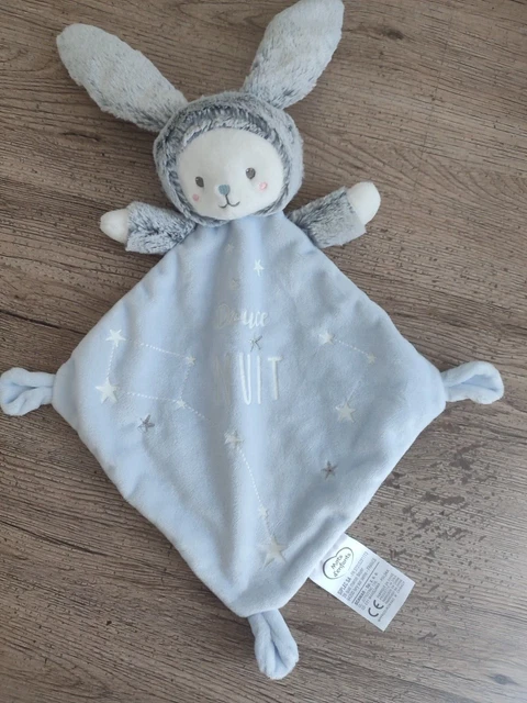 Doudou Plat MOTS D'ENFANTS Ours Déguisé en Lapin bleu Blanc Gris Douce Nuit