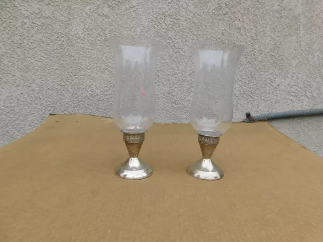 Pair Duchin Creation Sterling Weighted Candlestick Holders w/Glass Shades 9.5"