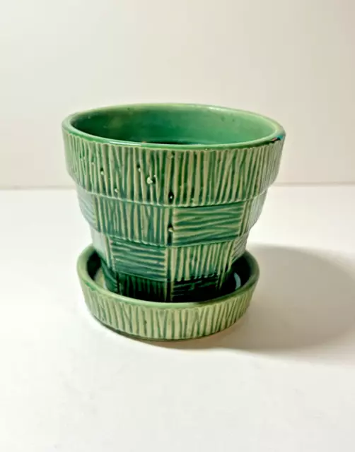 Vintage ~ 4" MCCOY Green Basket Weave Flower Pot Planter Attached Saucer Plants