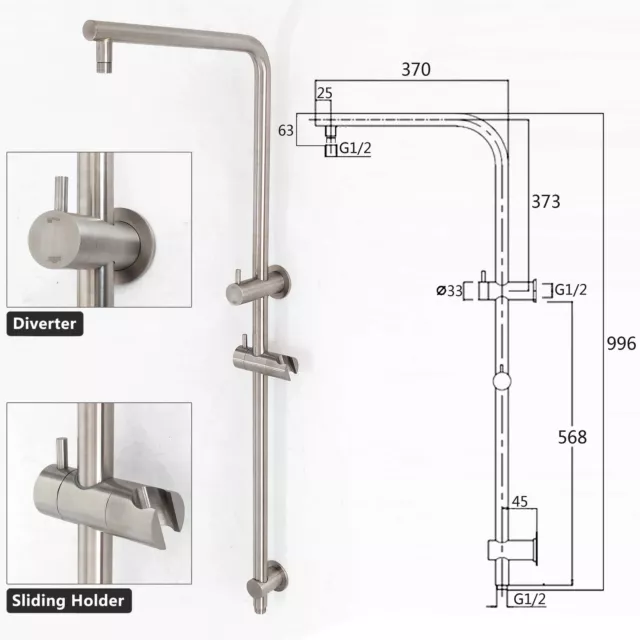 Brushed Nickel Round 12'' Rain Shower Head Set Sliding Rail Diverter Mixer Taps 3