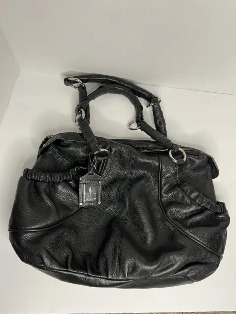 B Makowsky Leather Shoulder Bag Tote Black Cheetah Lined Silver Hardware