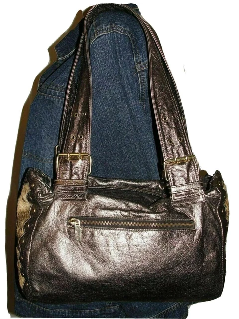 TREESJE Purse Bronze Studded Distressed Leather Pony Hair Sides Shoulder HandBag