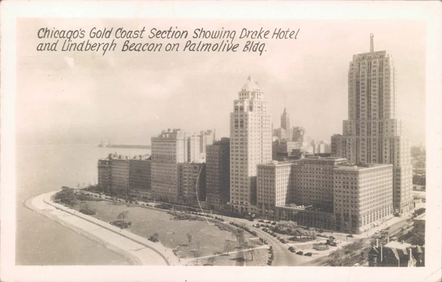 Chicago, IL. 1946 RPPC Bird's Eye View Of Chicago's Gold Coast Lindbergh Beacon