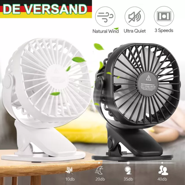 Leise Ventilator 360° Mini USB Clip Ventilator Tischventilator mit Batterie