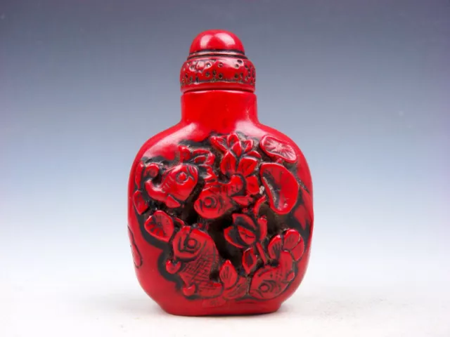 Coral Red Glazed Swimming Goldfishes Carved Snuff Bottle #03142020