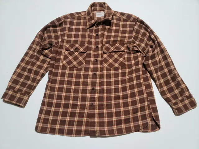 Vtg JC Penney Mens Plaid Heavy Flannel Long Sleeve Shirt Dark Brown Large USA