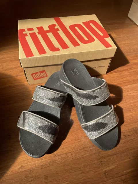 NEW with Box FitFlops. Mina Ombré Glitter Slides. Pewter Color. Size 9 US