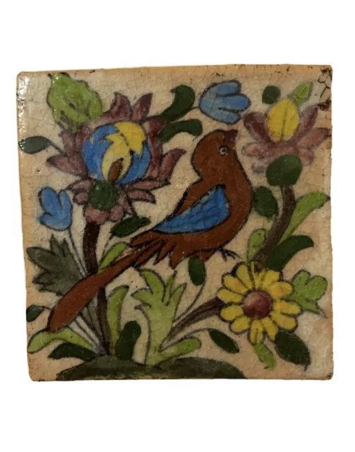 Vintage Hand Painted and Glazed Love Bird Persian Decorative Ceramic Tile