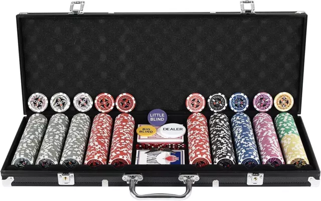 500 Chips Texas Holdem Set with Aluminum Case,2 Decks Cards,Dealer,Blinds,5 Dice