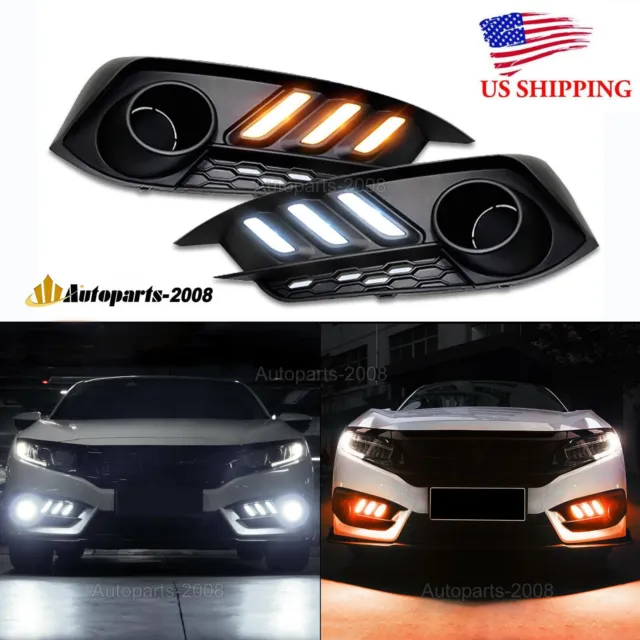 For 2016-2021 Honda Civic DRL LED Daytime Running light Fog Lamps W/Turn Signal