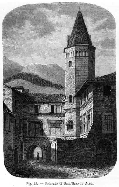 Aosta: Priorato di Sant'Orso. Stampa antica di 130 anni + passepartout. 1891