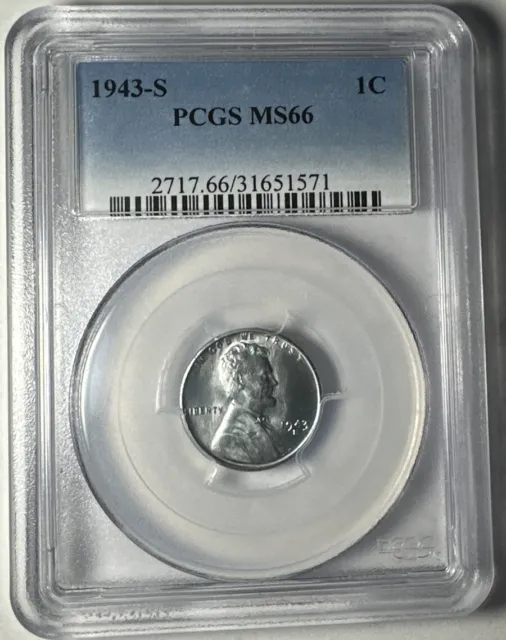 1943 S 1c Lincoln Steel Wheat Cent PCGS MS 66 Very Sharp Lustrous Steely Cent 3