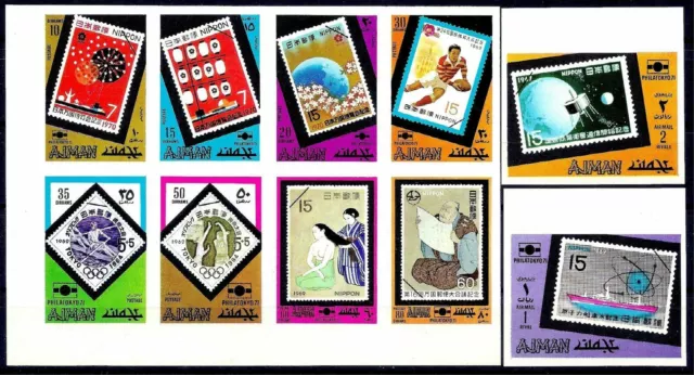 Ajman 1971 PhilaTokyo Expo/Japan Stamp-on-Stamp Paintings 10v set Imperf MNH/2