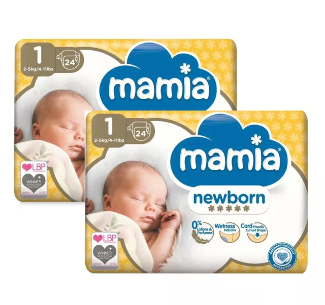 2 Pack Of Mamia newborn 24 Premium Nappies Size 1 Dry Fast Technology