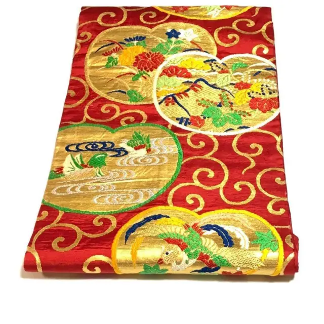 8884# Japanese Vintage Nagoya Obi Belt kimono Pure Silk Embroidery Phoenix Red