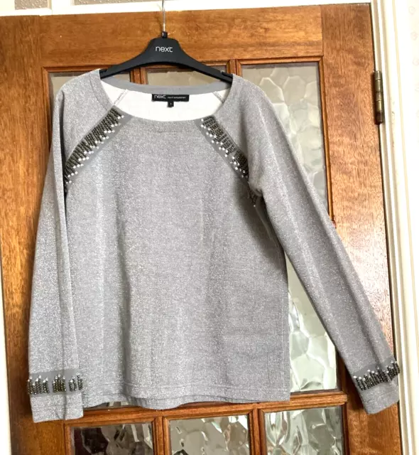 NEXT Ladies HAND EMBELLISHED JEWEL STONED Soft SILVER GREY Tunic JUMPER Top 8 £1