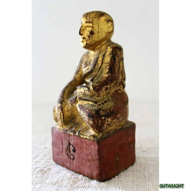 Wood carving monk Myanmar Burma Lacquered Gold Antique 19th century