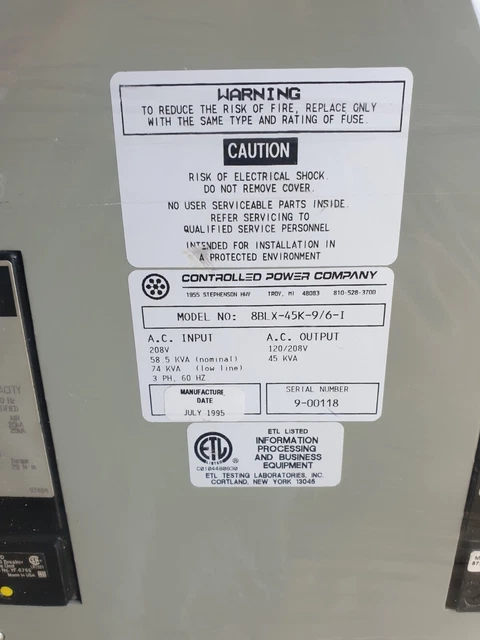 CONTROLLED POWER COMPANY 8BLX-45K-9/6-I Transformer  power conditioner