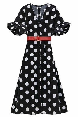 Zara Black White Polka Dot Print Puff Sleeves Midi Dress With Red Belt Size M