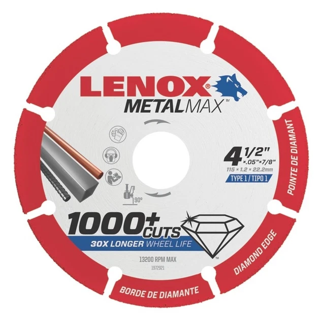 LENOX 1972921 4.5" x 7/8" Arbor MetalMax Diamond Edge Metal Cutoff Wheel