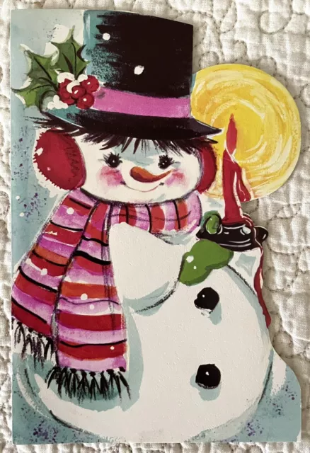 Unused Christmas Snowman Pink Purple Candle Glow Vintage Greeting Card 1960s