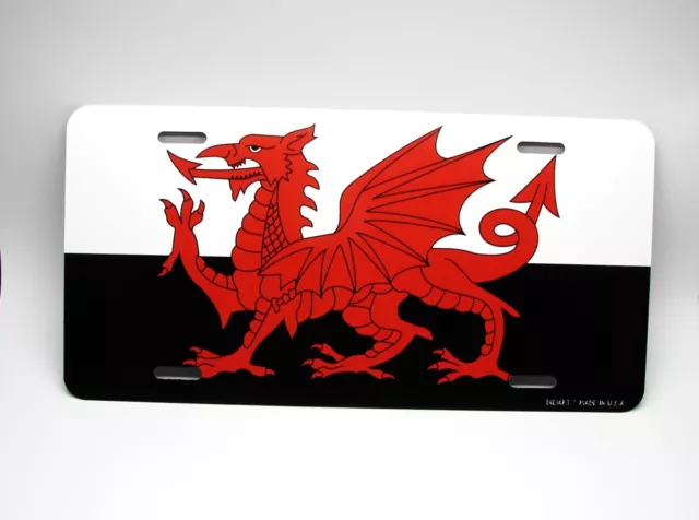 Welsh, Wales Flag Metal Car License Plate. Welsh Dragon Flag Black White Format
